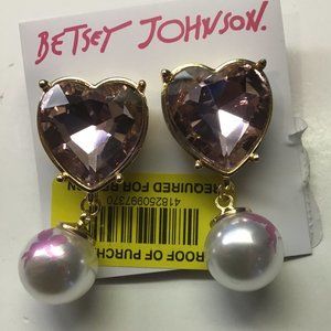 Betsey Johnson New Pink Heart and Pearl with Pink Cupid Earrings